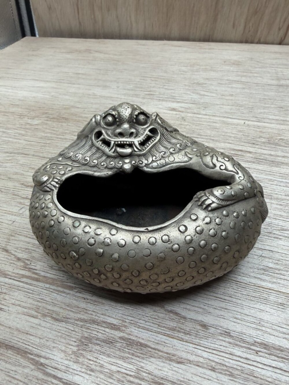 4.6" Marked China Tibetansilver lion foo dog Beast head statue Pen wash Ashtray